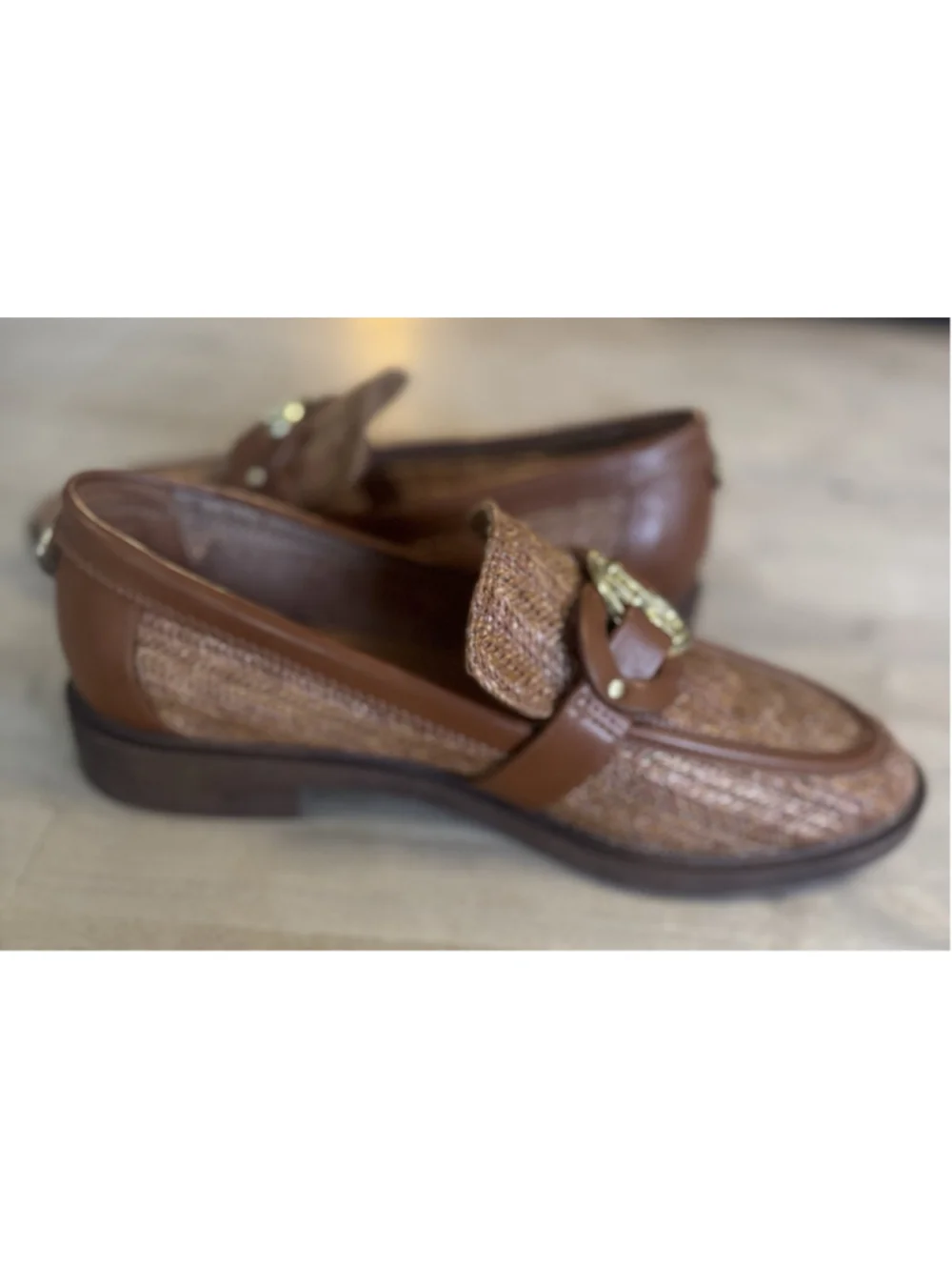 Sam & Libby Bailen loafers Women’s Size 10 Woven Tan Brown Leather Gold Accent